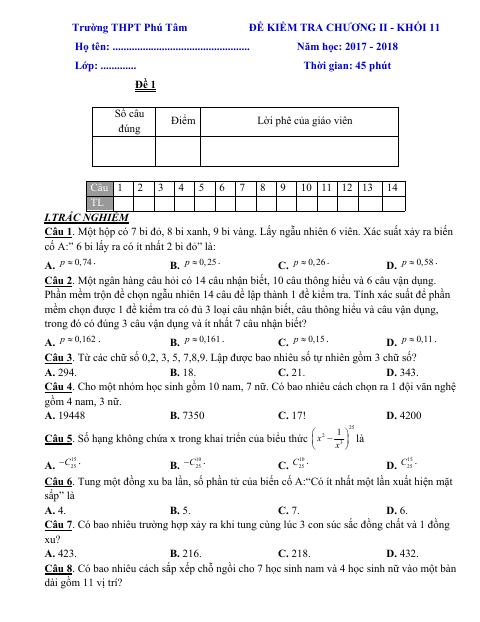 Đề kiểm tra 1 tiết chương 2 Đại số và Giải tích 11 trường THPT Phú Tâm – Sóc Trăng (bản Word)
